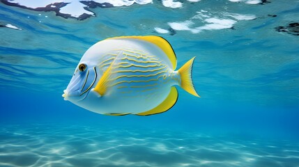 Naklejka premium Close up of a Surgeonfish swimming in the clear Ocean. Natural Background with beautiful Lighting