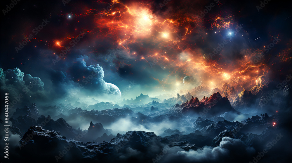 Sticker space scene with stars, planets and asteroids in the galaxy. panorama. abstract universe filled with