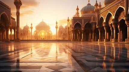 Geometrically intricate Islamic mosque under golden sunset 
