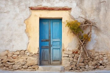 Fototapeta na wymiar Old ancient colorful textured door and window in a stone wall