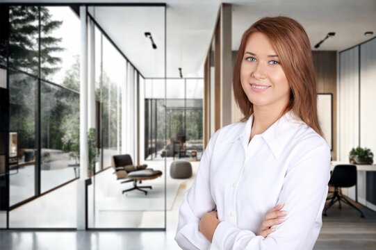 Happy smiling young manager woman in business office, AI generated image