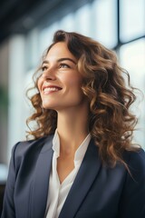 Smiling business woman executive looking away standing in office. businesswoman corporate manager leader thinking new business ideas. generative AI