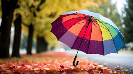 Bright colored rainbow umbrella in the rain autumn weather. - obrazy, fototapety, plakaty