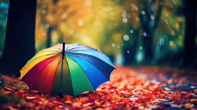 Bright colored rainbow umbrella in the rain autumn weather.