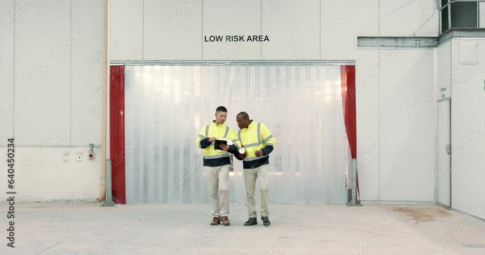 Aufkleber construction, planning and men in warehouse on tablet for engineering, maintenance and factory desig