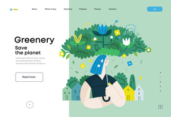 Greenery, ecology -modern flat vector concept illustration of a woman under the green lush umbrella of plants and flowers. Metaphor of environmental sustainability and protection, closeness to nature