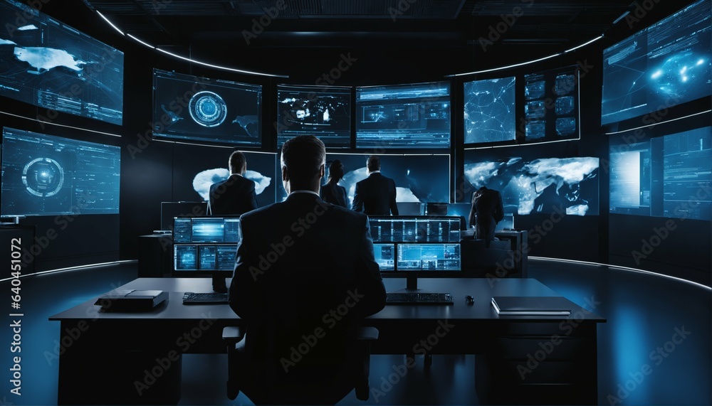 Poster futuristic cybersecurity workspace with advanced encryption, biometric access, and security team