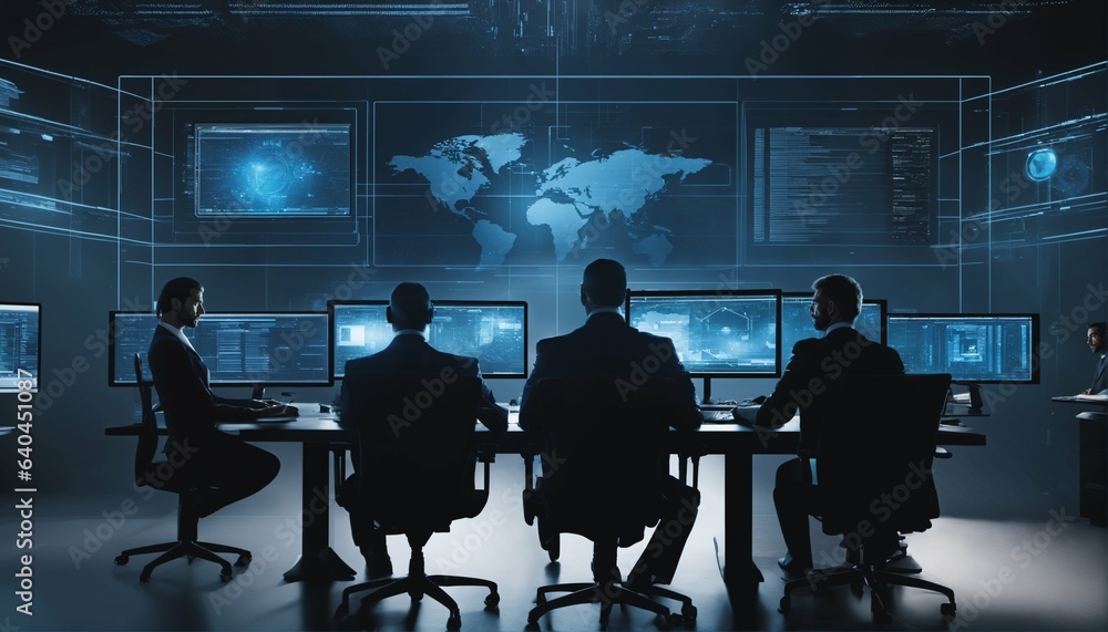 Poster futuristic cybersecurity workspace with advanced encryption, biometric access, and security team
