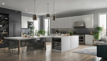 Smart home filled with various connected devices and appliances - Internet of Things, smart refrigerator, coffee maker, oven, communicating to simplify tasks and enhance quality of life