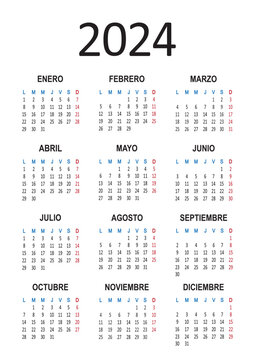 Spanish calendar 2024 year. Week starts on Monday. Vector illustration