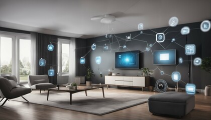 Internet of Things concept with smart home featuring various connected devices and appliances - AI