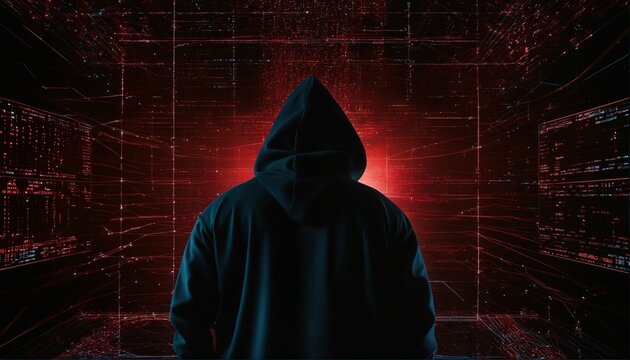 Anonymous hacker in black hoodie with network of glowing data and intricate code