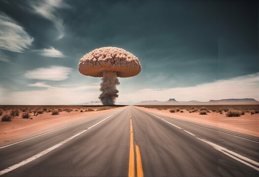 Nuclear catastrophe with mushroom cloud - asphalt road to explosion, terrible atomic blast, radioactive dust, hydrogen bomb test, way to war