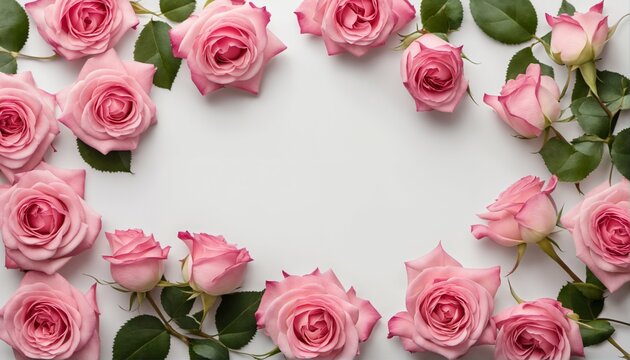 Top view of blooming pink roses flowers and petals on white table background - decorative web banner, floral frame composition, empty space, flat lay