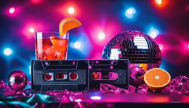 Nostalgic Y2K design: cassette tape, disco ball, and cocktail on crumpled neon