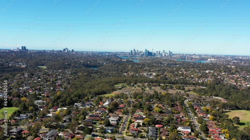 Canvas Prints Aerial panorama of City of Ryde residential suburbs in Western Sydney – 4k.
