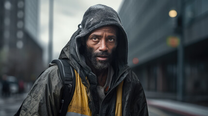 Fototapeta premium Black homeless garbage collector walking down the city street looking at the camera.
