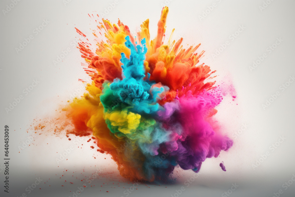 Poster beautiful close-up of colored powder exploding on a white background. the perfect shot for a colorfu