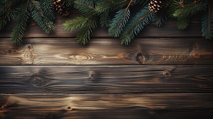 Fir branches with christmas decorations on a wooden background