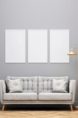 Poster Frame Mockup, Multiple White Framed Posters on a Wall in a Clean Minimal Modern Living Room, Generative AI
