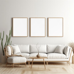 Poster Frame Mockup, Multiple White Framed Posters on a Wall in a Clean Minimal Modern Living Room, Generative AI