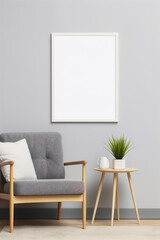 Poster Frame Mockup, White Framed Poster on a Wall in a Clean Minimal Modern Living Room, Generative AI
