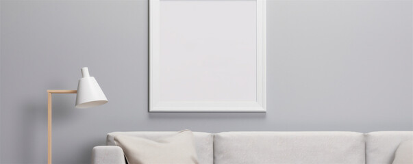Poster Frame Mockup, White Framed Poster on a Wall in a Clean Minimal Modern Living Room, Generative AI