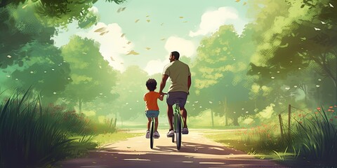Dad with his kid riding bikes