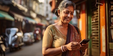 Fototapeta premium older Indian woman on a smartphone in the city
