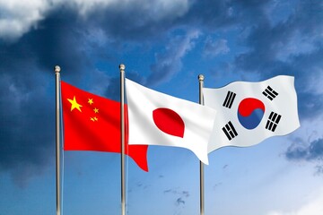 Flag of China, Korea and Japan wave in sky background