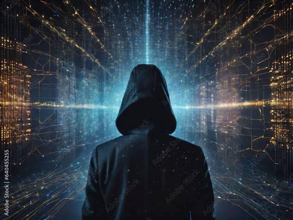 Wall mural anonymous hacker, surrounded by a network of glowing data. cybersecurity, cybercrime, cyberattack. t