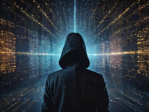 Anonymous hacker, surrounded by a network of glowing data. Cybersecurity, Cybercrime, Cyberattack. Technology Generative AI