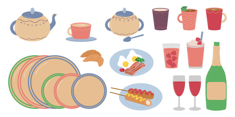 Set of tableware for decorating dining room. Plates and cups, drinks and food, cocktail and tea. Vector illustration.