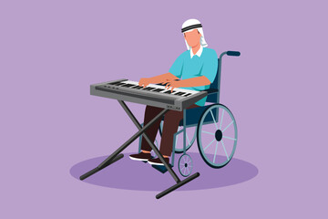 Graphic flat design drawing Arab male keyboardist sitting wheelchair playing electric keyboard in music event, sing song. Physically disabled. Rehabilitation center. Cartoon style vector illustration