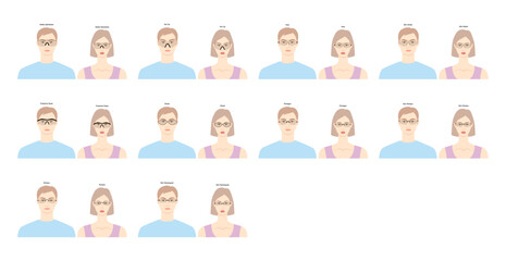 Set of Rimless frame glasses on women and men flat character fashion accessory illustration. Sunglass front view unisex silhouette style, rim spectacles eyeglasses, lens sketch style isolated on white