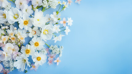 Bouquet of beautiful spring flowers on pastel blue table top view. 