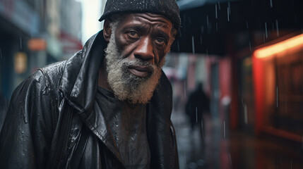 Fototapeta premium Black homeless garbage collector walking down the city street looking at the camera.