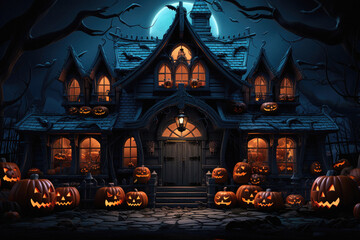 Fototapeta na wymiar Halloween spooky background, scary pumpkins in old big creepy Happy Haloween ghosts horror house evil haunted castle scene. Creepy dark gothic mysterious night dark backdrop concept.