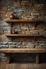 Fototapeta na wymiar Empty top wooden shelves and stone wall background generative ai