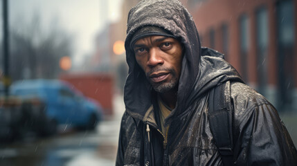Fototapeta premium Black homeless garbage collector walking down the city street looking at the camera.