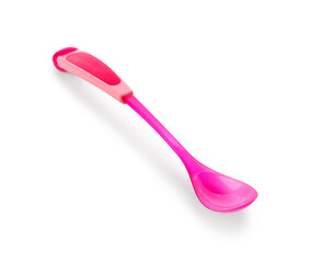 Pink plastic spoon for baby isolated on white background