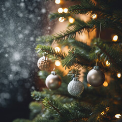 Obraz na płótnie Canvas Christmas tree with lights and ornaments, close-up.