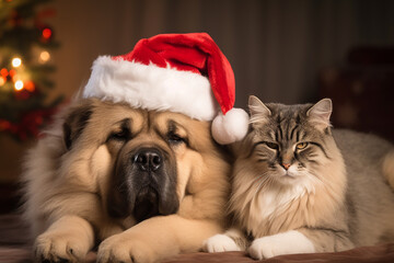 Furry dog and cat near a Christmas tree. Generative AI