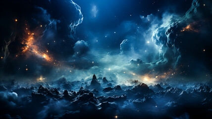 Obraz premium Space scene with stars, planets and asteroids in the galaxy. Panorama. Universe filled with stars, planets, asteroids, nebula and galaxy. Cosmic dust and fog. Generative AI technology.