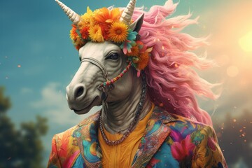 Naklejka premium Unicorn in Groovy Attire: Colorful and Free-Spirited
