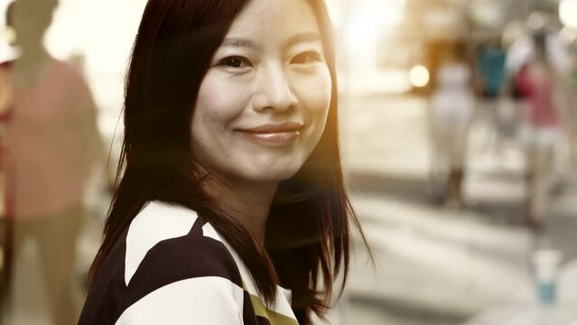 City Lifestyle Portrait of Young Asian Woman Standing on Urban City Street