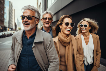 middle age people group happy expression outdoors in a city. 