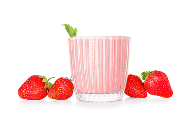 Glass of tasty strawberry smoothie isolated on white background