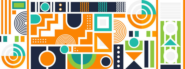 Abstract geometric backgrounds set isolated over white, vector design elements in retro style of the 70s, modern modular compositions with colorful geometrical shapes.