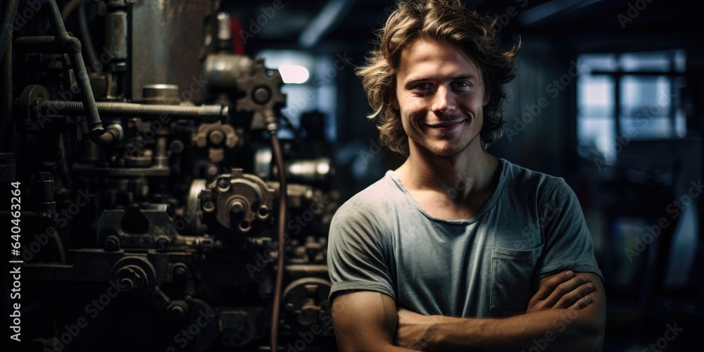 Poster a man standing in front of a machine. generative ai.